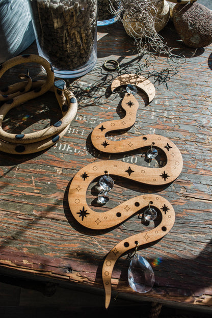 Starry Snake Suncatcher Wooden Wall Hanging Crystal Prisms