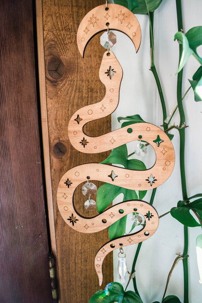 Starry Snake Suncatcher Wooden Wall Hanging Crystal Prisms