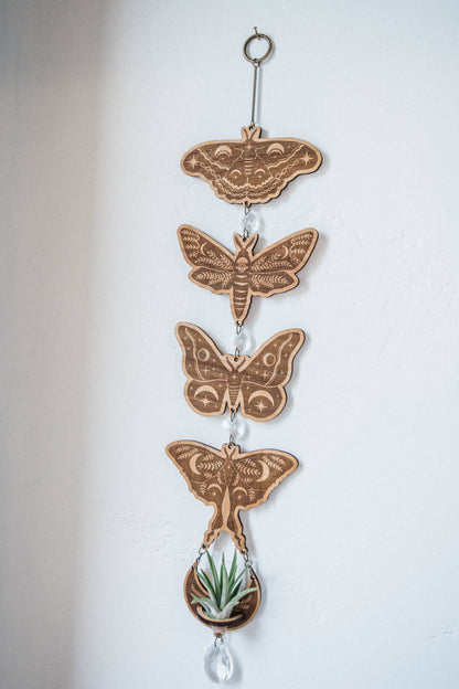 4 Moth Airplant Holder Suncatcher w/ Crystal Prisms