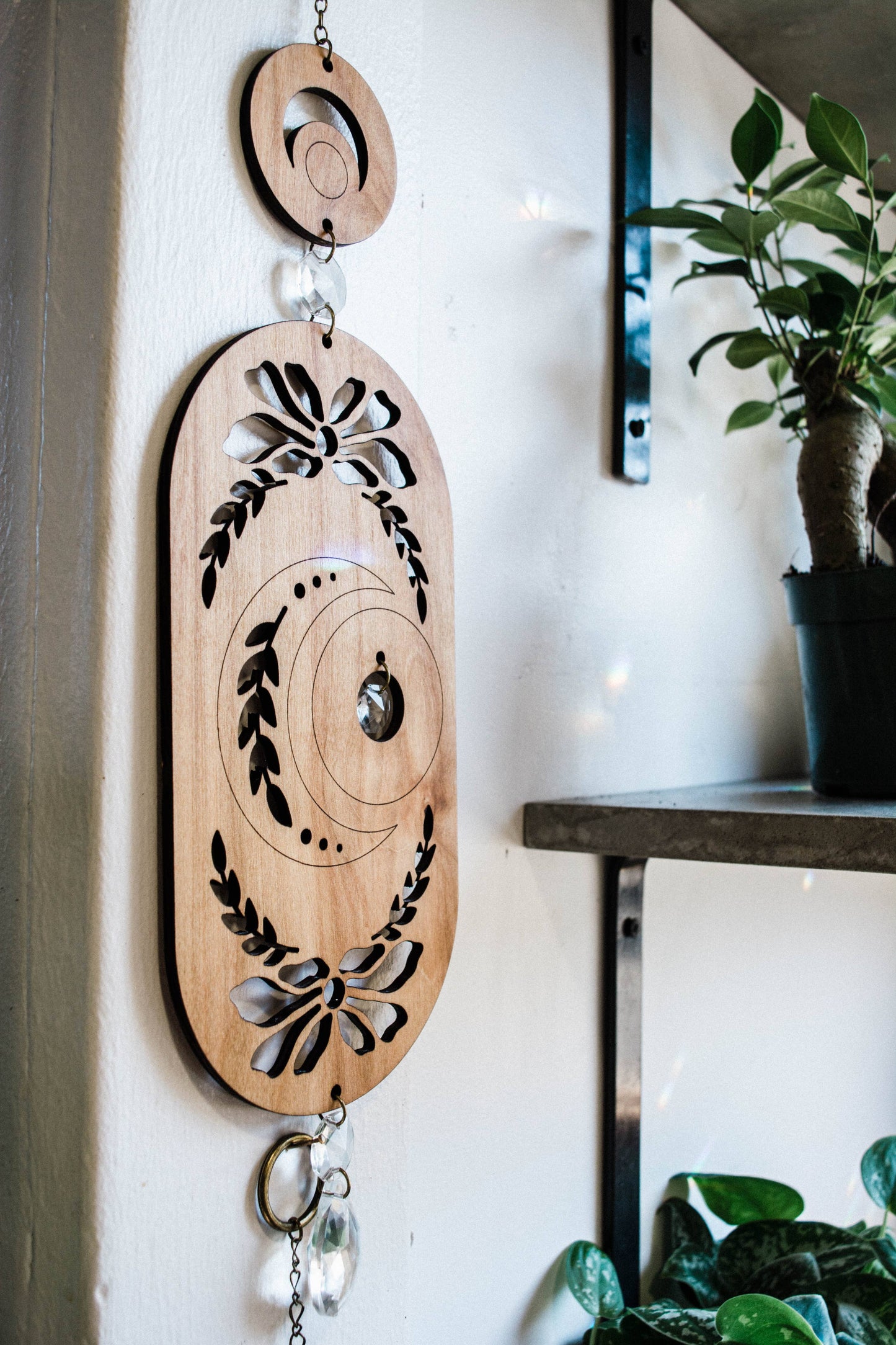Lunar Moon Wooden Wall Hanging Suncatcher w/ Crystal Prisms