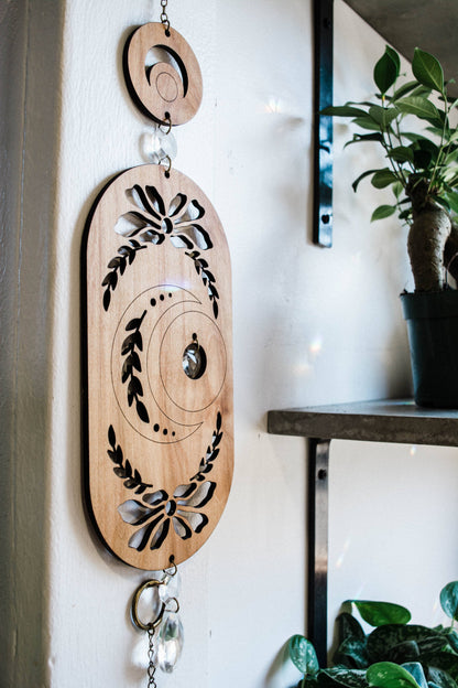 Lunar Moon Wooden Wall Hanging Suncatcher w/ Crystal Prisms