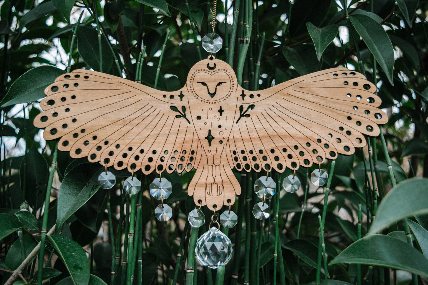 Owl Wooden Wall Hanging Bird Suncatcher w/ Crystal Prisms