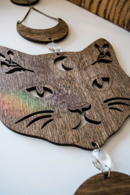 Cosmic Cat Wooden Wall Hanging Suncatcher Crystal Prisms