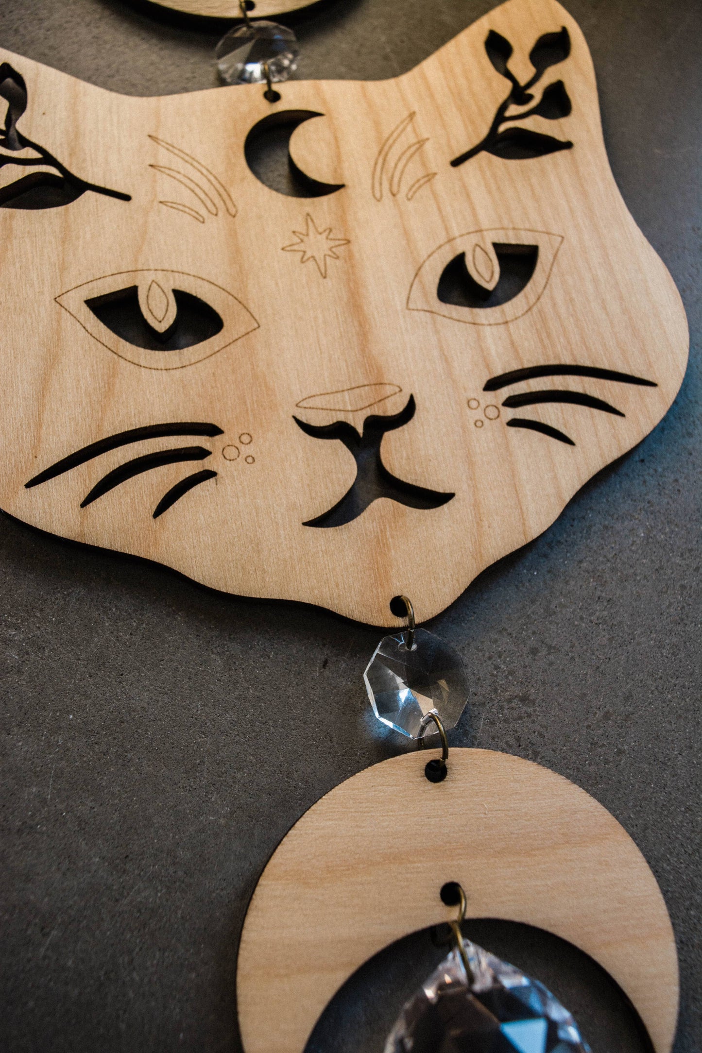 Cosmic Cat Wooden Wall Hanging Suncatcher Crystal Prisms