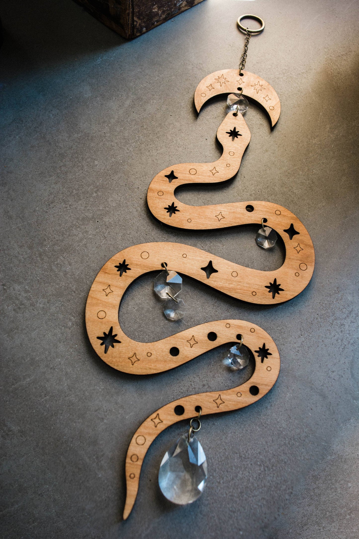 Starry Snake Suncatcher Wooden Wall Hanging Crystal Prisms